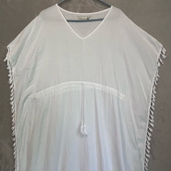 Peruvian Cotton Resortwear White Maxi Kaftan Cover Up Fringe Sz M Made in Peru - Picture 3 of 13